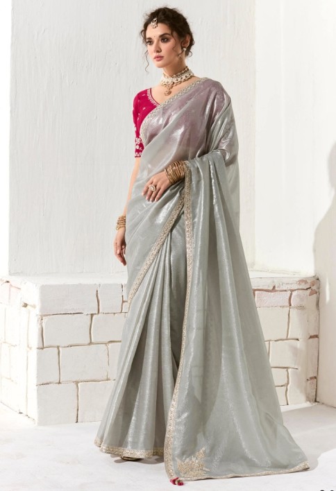 Bewitching Grey Zari Work Tissue Silk Reception Wear Saree